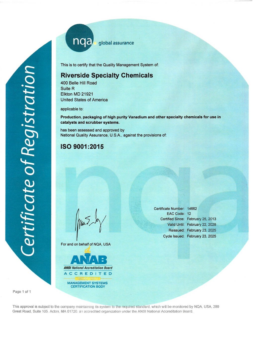 Riverside Specialty Chemicals ISO 9001:2015 Certificate of Registration, NQA certificate number 14662